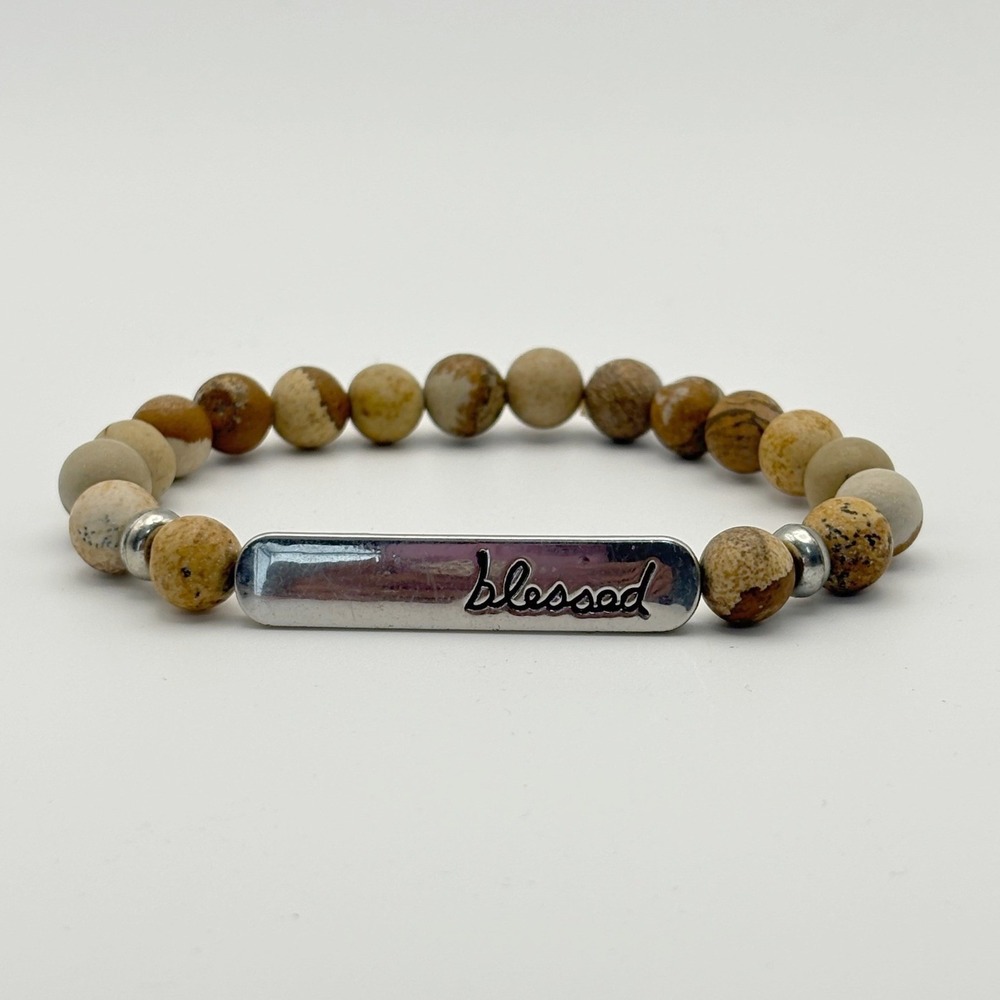 Blessed Bar Beaded Bracelet Women OS Brown Jasper Stone Faith Jewelry Religious